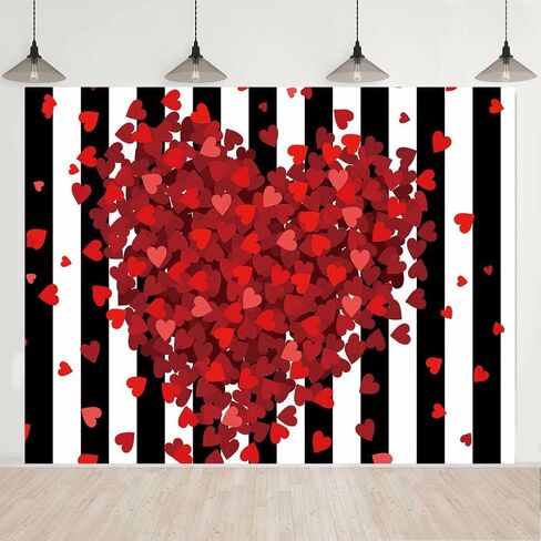 Red Hearts Backdrop for Wedding Anniversary, 9x6FT, Black White Striped Background,Romantic Patry Banner Photo Booth Props HXLU083 in Saudi Arabia