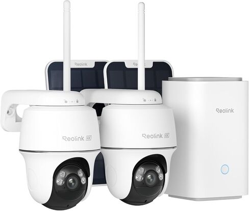 Reolink 4K Solar Security Cameras Wireless Wireless Outdoor System ، 360 ° PAN و 140 ° TILT ، الكشف عن الحركة الذكية ، 2.4G/5G Wi-Fi ، تخزين محلي مشفر ، لا توجد رسوم شهرية ، Home Hub مع 2x Pt Ultra Cam Kit in Kuwait