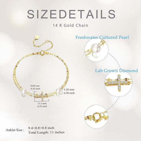 SISGEM 14k Gold 0.15 Carat Lab Grown Diamond Cross Anklet for Women, 14kt Gold Layered Ankle Bracelets Gifts for Her, 9.4-11 Inches in Saudi Arabia
