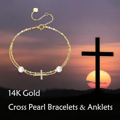 SISGEM 14k Gold 0.15 Carat Lab Grown Diamond Cross Anklet for Women, 14kt Gold Layered Ankle Bracelets Gifts for Her, 9.4-11 Inches in Saudi Arabia