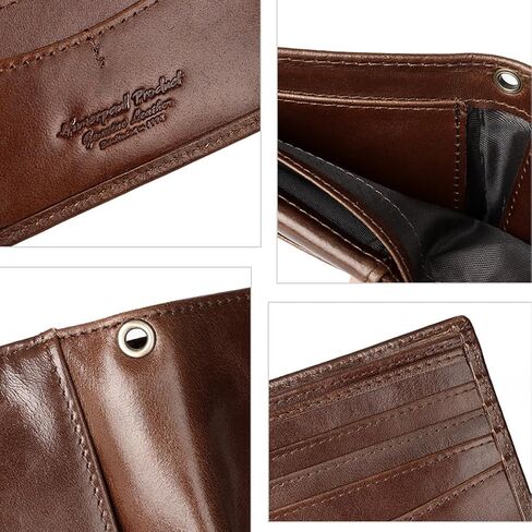 محفظة حامل بطاقات من الجلد الطبيعي مع ملحقات سلسلة للرجال والنساء RFID تحجب 13 فتحة للبطاقات ونوافذ لبطاقة الهوية ومقصورتين للفاتورة هدية محفظة قصيرة ثنائية الطي (بني) in Kuwait