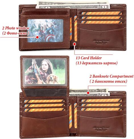 محفظة حامل بطاقات من الجلد الطبيعي مع ملحقات سلسلة للرجال والنساء RFID تحجب 13 فتحة للبطاقات ونوافذ لبطاقة الهوية ومقصورتين للفاتورة هدية محفظة قصيرة ثنائية الطي (بني) in Kuwait