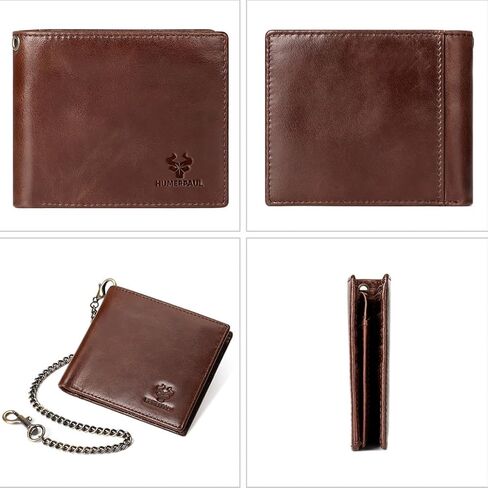 محفظة حامل بطاقات من الجلد الطبيعي مع ملحقات سلسلة للرجال والنساء RFID تحجب 13 فتحة للبطاقات ونوافذ لبطاقة الهوية ومقصورتين للفاتورة هدية محفظة قصيرة ثنائية الطي (بني) in Kuwait