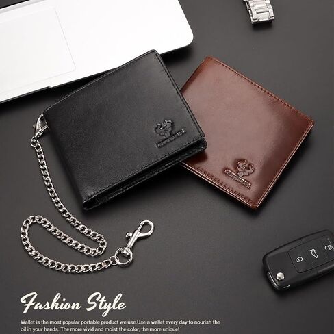 محفظة حامل بطاقات من الجلد الطبيعي مع ملحقات سلسلة للرجال والنساء RFID تحجب 13 فتحة للبطاقات ونوافذ لبطاقة الهوية ومقصورتين للفاتورة هدية محفظة قصيرة ثنائية الطي (بني) in Kuwait