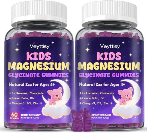 Magnesium Glycinate Gummies for Kids 4+: Sugar Free Magnesium Bisglycinate Gummy with Chamomile, L-Theanine, Lemon Balm, B6, Omega 3, Zinc - Gluten Free, Non-GMO, Vegan, Mixed Berry Flavor in Saudi Arabia