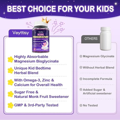 Magnesium Glycinate Gummies for Kids 4+: Sugar Free Magnesium Bisglycinate Gummy with Chamomile, L-Theanine, Lemon Balm, B6, Omega 3, Zinc - Gluten Free, Non-GMO, Vegan, Mixed Berry Flavor in Saudi Arabia