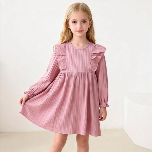 Toddler Baby Girls Dress Long Sleeve Ruffle Dress for Baby Girls Casual Solid Little Kids Spring Fall Clothes 2-7T in Saudi Arabia