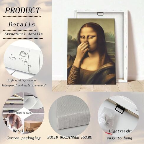 Funny Bathroom Canvas Wall Art Vintage Mona Lisa Painting Pictures Wall Decor Humor Amusing Toilet Art Pinching Nose Poster Prints Mona Lisa Artwork for Bathroom Home Decor 12x16 in Wrapped Canvas in Saudi Arabia