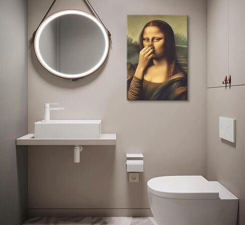 Funny Bathroom Canvas Wall Art Vintage Mona Lisa Painting Pictures Wall Decor Humor Amusing Toilet Art Pinching Nose Poster Prints Mona Lisa Artwork for Bathroom Home Decor 12x16 in Wrapped Canvas in Saudi Arabia