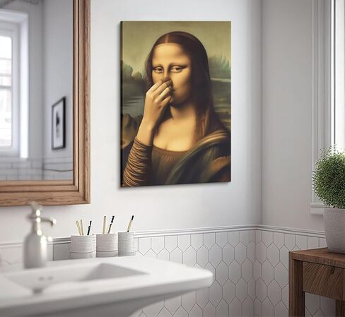 Funny Bathroom Canvas Wall Art Vintage Mona Lisa Painting Pictures Wall Decor Humor Amusing Toilet Art Pinching Nose Poster Prints Mona Lisa Artwork for Bathroom Home Decor 12x16 in Wrapped Canvas in Saudi Arabia