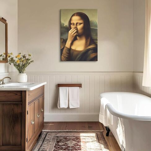 Funny Bathroom Canvas Wall Art Vintage Mona Lisa Painting Pictures Wall Decor Humor Amusing Toilet Art Pinching Nose Poster Prints Mona Lisa Artwork for Bathroom Home Decor 12x16 in Wrapped Canvas in Saudi Arabia