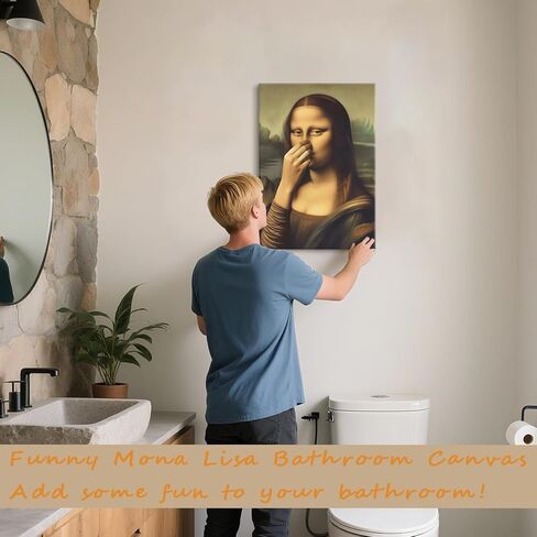 Funny Bathroom Canvas Wall Art Vintage Mona Lisa Painting Pictures Wall Decor Humor Amusing Toilet Art Pinching Nose Poster Prints Mona Lisa Artwork for Bathroom Home Decor 12x16 in Wrapped Canvas in Saudi Arabia