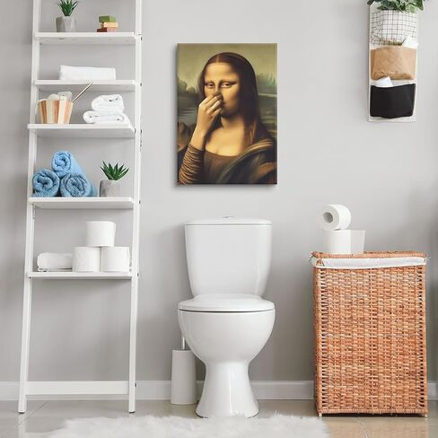 Funny Bathroom Canvas Wall Art Vintage Mona Lisa Painting Pictures Wall Decor Humor Amusing Toilet Art Pinching Nose Poster Prints Mona Lisa Artwork for Bathroom Home Decor 12x16 in Wrapped Canvas in Saudi Arabia