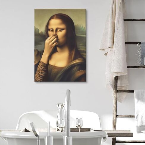 Funny Bathroom Canvas Wall Art Vintage Mona Lisa Painting Pictures Wall Decor Humor Amusing Toilet Art Pinching Nose Poster Prints Mona Lisa Artwork for Bathroom Home Decor 12x16 in Wrapped Canvas in Saudi Arabia