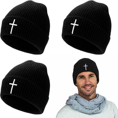Berlune 3 Pcs Christian Cross Beanie Religious Beanie Winter Hat with Cross Pattern for Men Women Catholic Saint God in Saudi Arabia