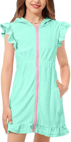 BesserBay Girls Swim Coverups Zip Up with Hood Swimsuit Cover Up Elastic Waist Quick Dry with Pockets 4-12 Years in Saudi Arabia