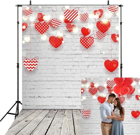 Valentine's Day Red Heart Backdrop Rustic White Brick Wall Red Heart Flash String Photography Background Wedding Bridal Shower Supplies Photo Booths Portraits 5x7FT in Saudi Arabia