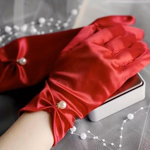 Elegant Satin Short Gloves, Vintage Style, Pearl Buttons, Smooth Fabric, Decorative Detail for Women, Bridal or Formal Events, Elastic Fit, Red in Saudi Arabia