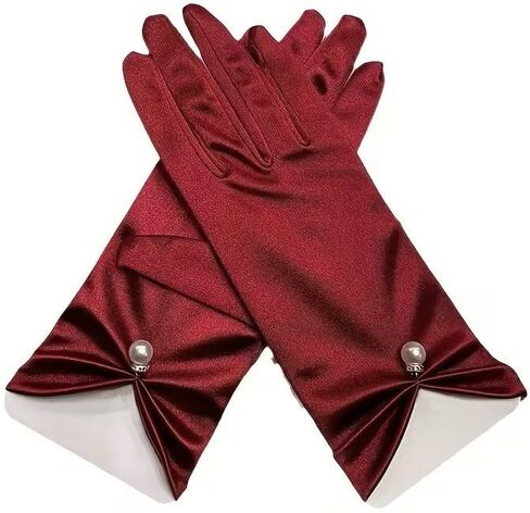 Elegant Satin Short Gloves, Vintage Style, Pearl Buttons, Smooth Fabric, Decorative Detail for Women, Bridal or Formal Events, Elastic Fit, Red in Saudi Arabia