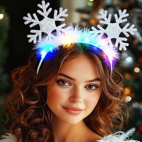GORTIN Light up Christmas Headband LED Snowflake Headpiece Glowing Feather Xmas Holiday Costume Hair Accessories for Women in Saudi Arabia