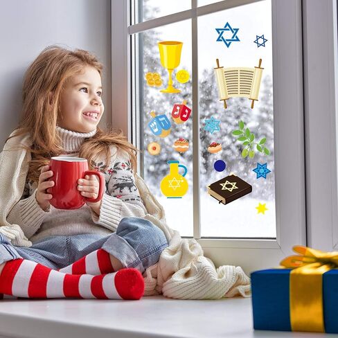Outus 84 قطعة من ملصقات النوافذ Hanukkah الشمعدان ونجمة النافذة الشارات اليهودية Chanukah ديكورات الفينيل التشبث ديكور للأبواب الزجاجية المنزلقة للنوافذ in Saudi Arabia