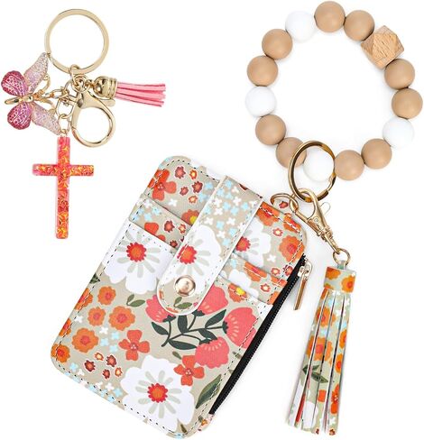 Boho Beaded Wallet Keychain Wristlet Wallet for Women Credit Card Holder Small Purse Tassel Silicone Keychain with Detachable Cross Keychain (Khaki) in Saudi Arabia