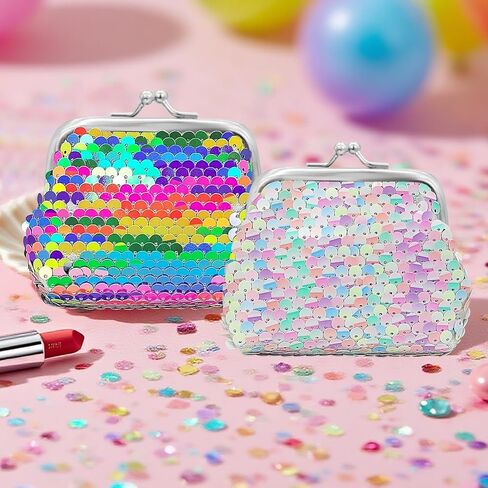 2PCS Change Purse, Nylon Coin Purse for Women, Double Sided Sequin Colorful Coin Purses Coin Wallet with Kiss Lock Closure(Style 1) in Saudi Arabia