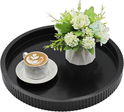 صينية تقديم خشبية مستديرة من Carah & Cossh، صينية خشبية مزخرفة مستديرة مطلية باللون الأبيض، صينية زخرفية ريفية مستديرة للمزرعة، مثالية للتخزين والعرض (بني) in Kuwait