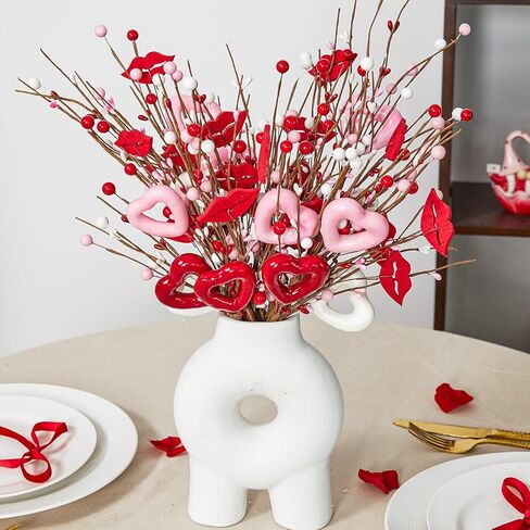 DN DECONATION 6Pcs Valentine's Picks, Valentine Floral Picks Heart Lip Stems with with Red Pink White Berries, Valentines Day Artificial Flowers Arrangement for Valentines Wedding Gifts Home Decor in Saudi Arabia