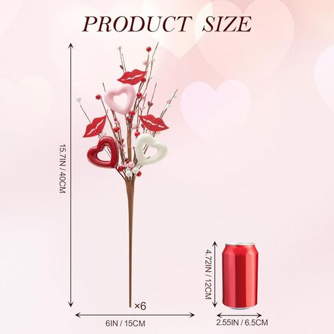 DN DECONATION 6Pcs Valentine's Picks, Valentine Floral Picks Heart Lip Stems with with Red Pink White Berries, Valentines Day Artificial Flowers Arrangement for Valentines Wedding Gifts Home Decor in Saudi Arabia