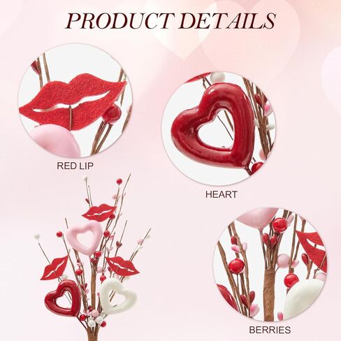 DN DECONATION 6Pcs Valentine's Picks, Valentine Floral Picks Heart Lip Stems with with Red Pink White Berries, Valentines Day Artificial Flowers Arrangement for Valentines Wedding Gifts Home Decor in Saudi Arabia