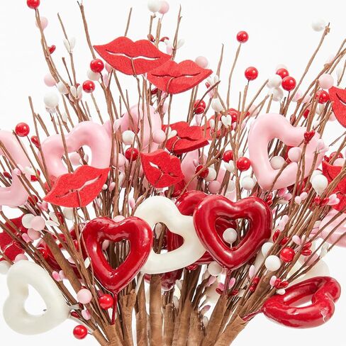 DN DECONATION 6Pcs Valentine's Picks, Valentine Floral Picks Heart Lip Stems with with Red Pink White Berries, Valentines Day Artificial Flowers Arrangement for Valentines Wedding Gifts Home Decor in Saudi Arabia