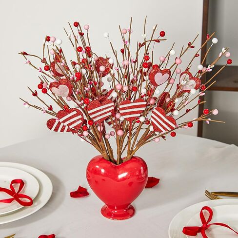DN DECONATION 6Pcs Valentine's Picks, Valentine Floral Picks Heart Lip Stems with with Red Pink White Berries, Valentines Day Artificial Flowers Arrangement for Valentines Wedding Gifts Home Decor in Saudi Arabia