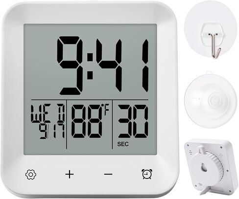Waterproof Shower Clock with Timer, Bathroom Wall Clock Displaying Temperature, Date & Day, Battery Operated LCD Digital Clock for Bath, Kitchen (White) in Saudi Arabia