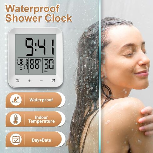 Waterproof Shower Clock with Timer, Bathroom Wall Clock Displaying Temperature, Date & Day, Battery Operated LCD Digital Clock for Bath, Kitchen (White) in Saudi Arabia