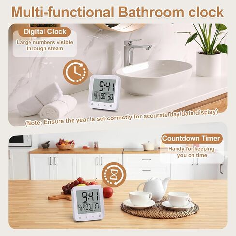 Waterproof Shower Clock with Timer, Bathroom Wall Clock Displaying Temperature, Date & Day, Battery Operated LCD Digital Clock for Bath, Kitchen (White) in Saudi Arabia