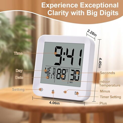 Waterproof Shower Clock with Timer, Bathroom Wall Clock Displaying Temperature, Date & Day, Battery Operated LCD Digital Clock for Bath, Kitchen (White) in Saudi Arabia