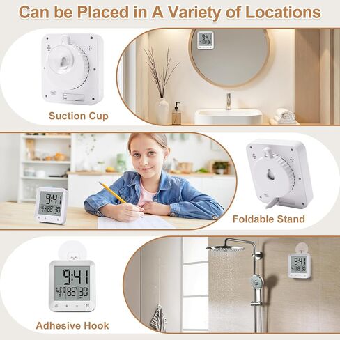Waterproof Shower Clock with Timer, Bathroom Wall Clock Displaying Temperature, Date & Day, Battery Operated LCD Digital Clock for Bath, Kitchen (White) in Saudi Arabia