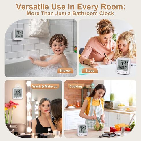 Waterproof Shower Clock with Timer, Bathroom Wall Clock Displaying Temperature, Date & Day, Battery Operated LCD Digital Clock for Bath, Kitchen (White) in Saudi Arabia