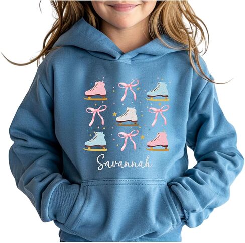 Personalized Ice Skating Hoodie for Girls, Custom Name Hooded Sweatshirt with Figure Skates and Bows, Youth Ice Skater Gift, Figure Skating Shirt with Ribbons, Kids Winter Sports Apparel in Saudi Arabia