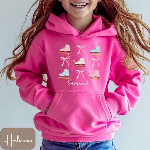 Personalized Ice Skating Hoodie for Girls, Custom Name Hooded Sweatshirt with Figure Skates and Bows, Youth Ice Skater Gift, Figure Skating Shirt with Ribbons, Kids Winter Sports Apparel in Saudi Arabia