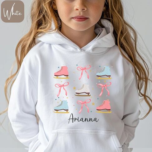 Personalized Ice Skating Hoodie for Girls, Custom Name Hooded Sweatshirt with Figure Skates and Bows, Youth Ice Skater Gift, Figure Skating Shirt with Ribbons, Kids Winter Sports Apparel in Saudi Arabia