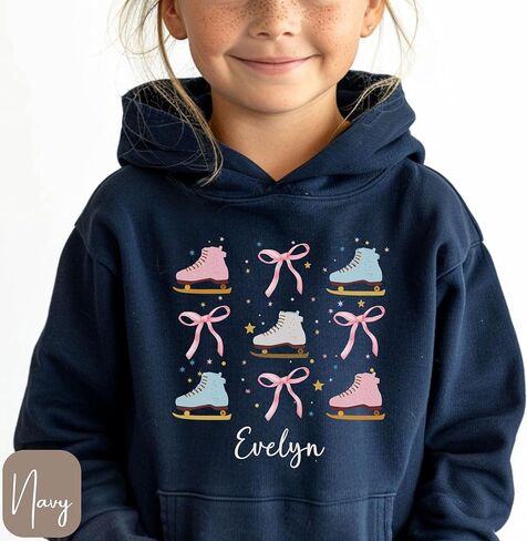 Personalized Ice Skating Hoodie for Girls, Custom Name Hooded Sweatshirt with Figure Skates and Bows, Youth Ice Skater Gift, Figure Skating Shirt with Ribbons, Kids Winter Sports Apparel in Saudi Arabia
