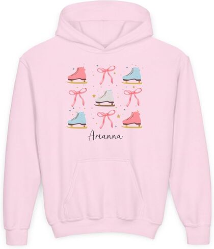 Personalized Ice Skating Hoodie for Girls, Custom Name Hooded Sweatshirt with Figure Skates and Bows, Youth Ice Skater Gift, Figure Skating Shirt with Ribbons, Kids Winter Sports Apparel in Saudi Arabia