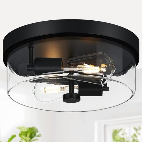 Black Flush Mount Ceiling Light Fixtures, 2-Light Ceiling Mount for Farmhouse with Seeded Glass Lampshade, Industrial Flush Mount Light Fixture Farmhouse for Hallway, Kitchen, Entryway and Foyer in Saudi Arabia