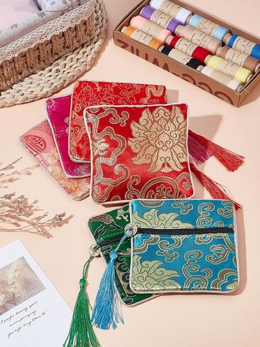 6Pcs Chinese Brocade Tassel Zipper Gift Pouch, Flower Pattern Chinese Silk Brocade Coin Purse Zipper Jewelry Bag with Tassel for Rings Necklace Earrings Storage, 11.5-11.8x11.5-11.8x0.4-0.5cm in Saudi Arabia