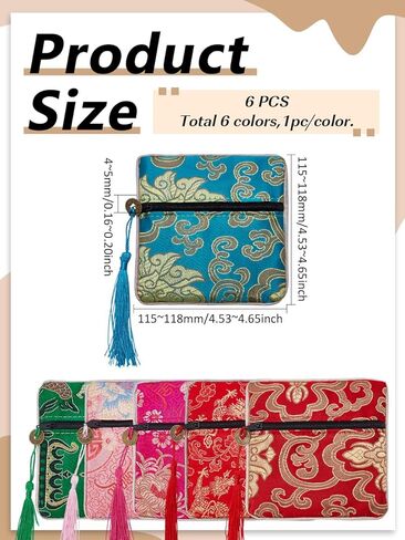 6Pcs Chinese Brocade Tassel Zipper Gift Pouch, Flower Pattern Chinese Silk Brocade Coin Purse Zipper Jewelry Bag with Tassel for Rings Necklace Earrings Storage, 11.5-11.8x11.5-11.8x0.4-0.5cm in Saudi Arabia