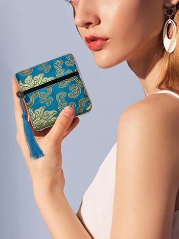 6Pcs Chinese Brocade Tassel Zipper Gift Pouch, Flower Pattern Chinese Silk Brocade Coin Purse Zipper Jewelry Bag with Tassel for Rings Necklace Earrings Storage, 11.5-11.8x11.5-11.8x0.4-0.5cm in Saudi Arabia
