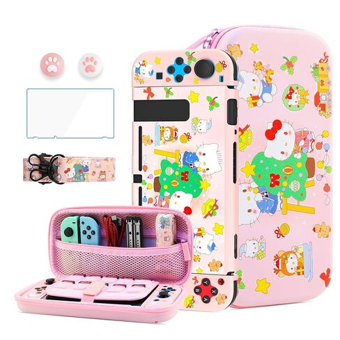 HYPERCASE Cute Switch Carrying Travel Bag for Nintendo Switch Accessories, Pink Bunny Soft Switch Cover Case for NS Console, HD Screen Protector, Shoulder Strap, 2 Kawaii Thump Caps in Saudi Arabia