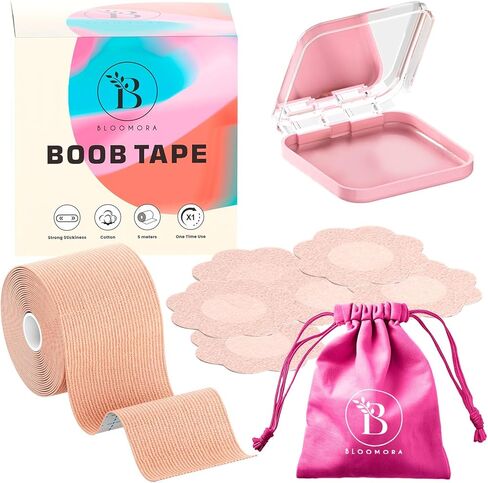 Boob Tape with Silicone Nipple Covers – Breast Lift Tape for Women – Invisible Boobtape Push Up Support – Body Tape for Strapless Dresses, Backless Tops & Deep V Outfits – Beige in Saudi Arabia